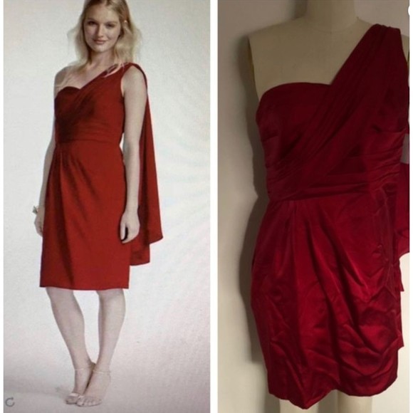 New Davids bridal bridesmaid Red Knee Length One Shoulder with Sash size 20 - Picture 1 of 10